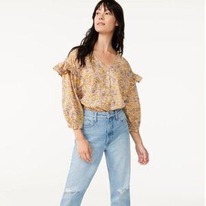 Free Assembly Women's Ruffle Blouse Large Yellow Beige Ruffle Sleeve Peasant